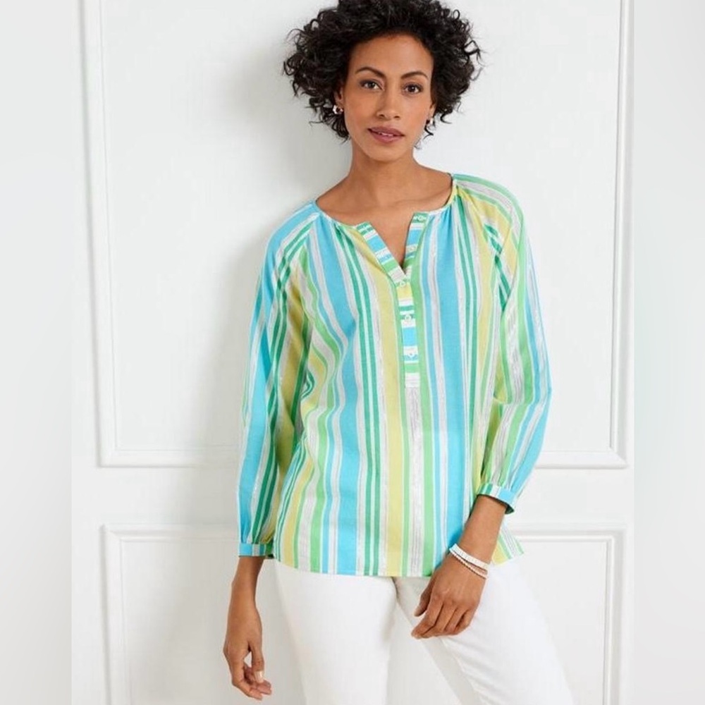 Women's Talbots Sunny Stripe‎ Popover Blouse Petite Small Metallic Lightweight